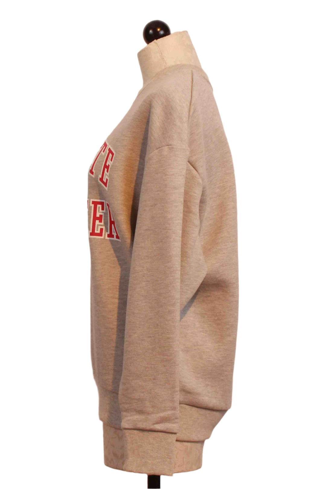 side view of Heather Grey Collegiate Sweatshirt by Favorite Daughter with Red lettering