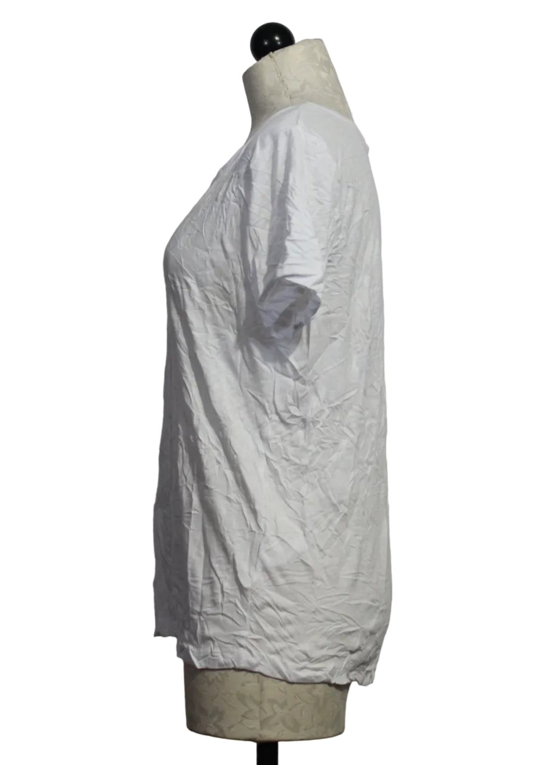 Side view of White Crinkled Short Sleeve Celia Top by Kozan