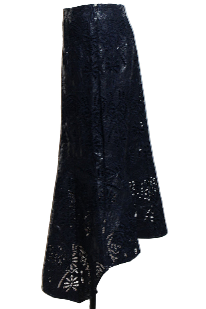 Side view of Navy Faux Leather Casey skirt by Marie Oliver 