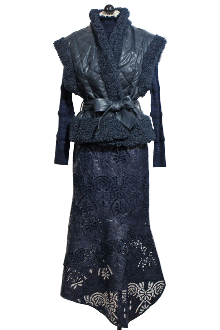 Navy Faux Leather Casey skirt by Marie Oliver paired with the Adison Top and Beatrice Vest by Marie Oliver