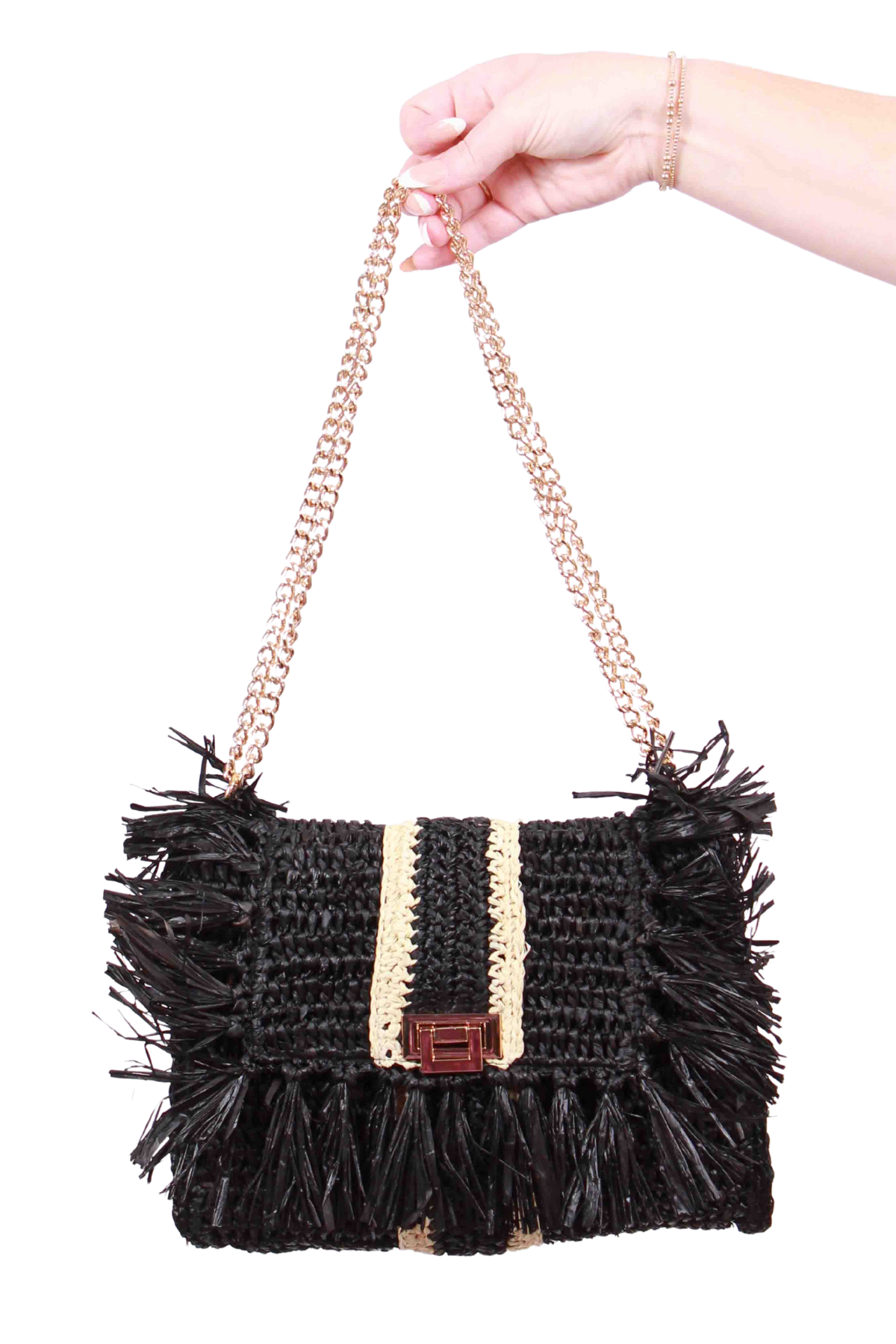 Black Celine Fringed Raffia Bag with a sand striping by Laggo and a front Lock 
