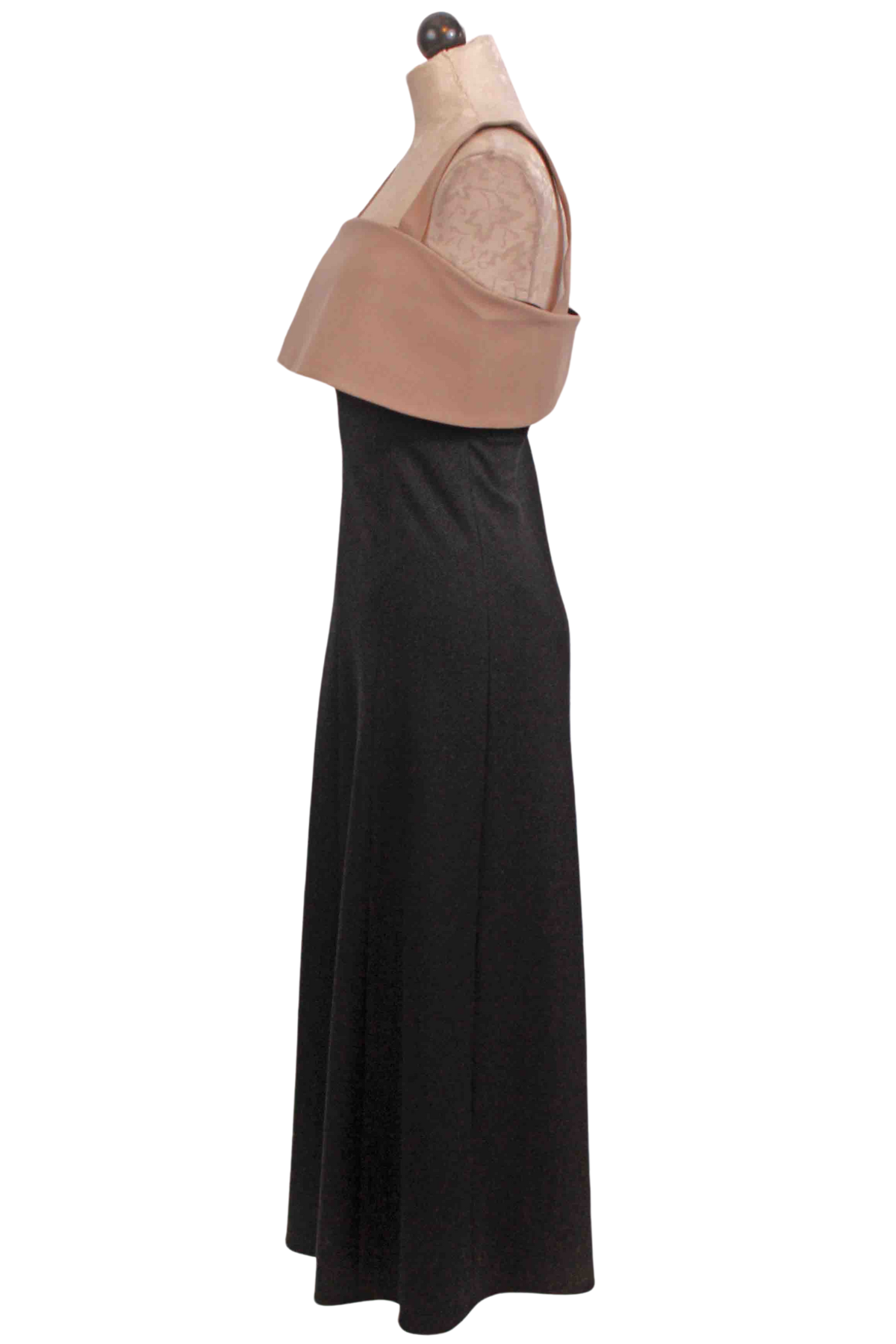 side view of Black with contrasting taupe colored panel Centre Tank Dress by Rue Sophie