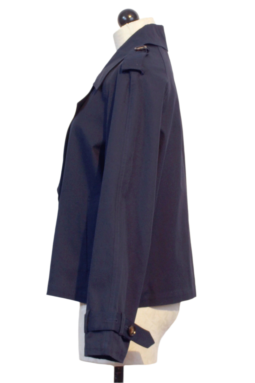 side view of Navy Chelsea Crop Trench Jacket by Fifteen Twenty