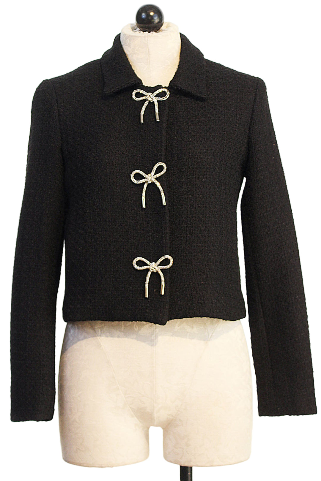 Black Chris Tweed Jacket by Drew with Three Crystal Bows over snap buttons