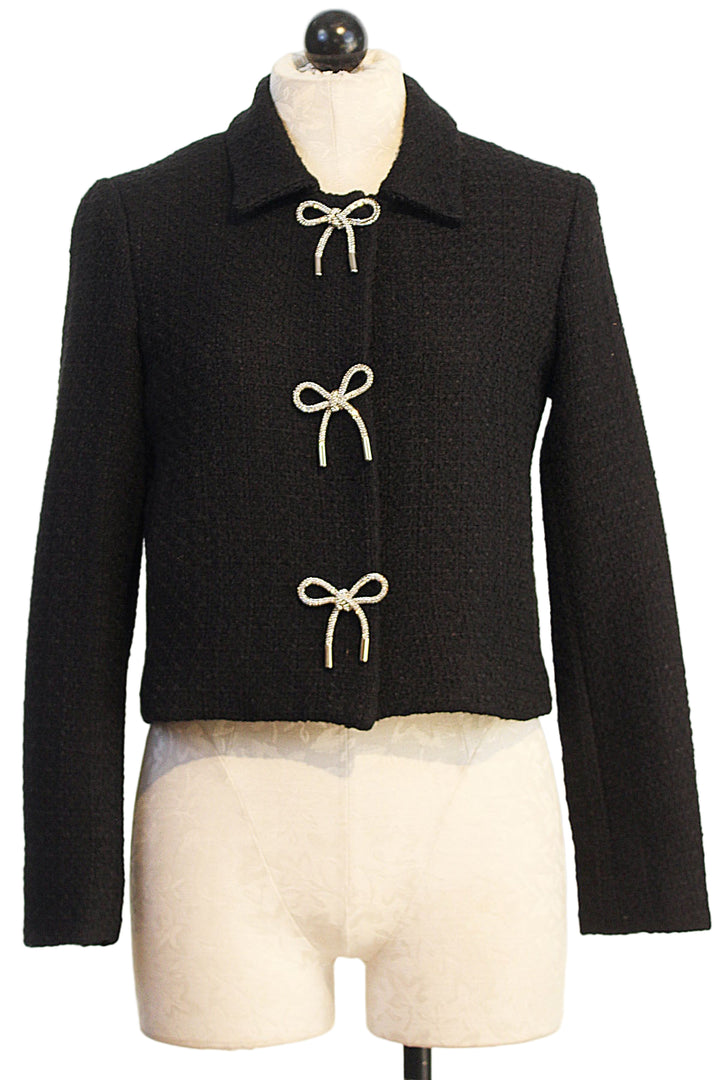Black Chris Tweed Jacket by Drew with Three Crystal Bows over snap buttons