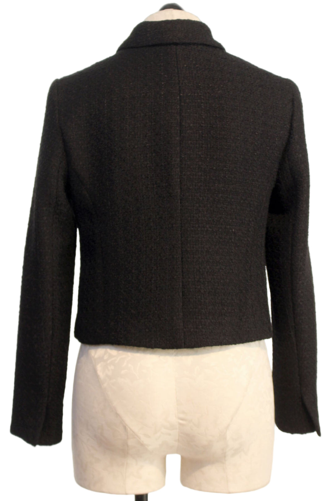 back view of Black Chris Tweed Jacket by Drew with Three Crystal Bows over snap buttons