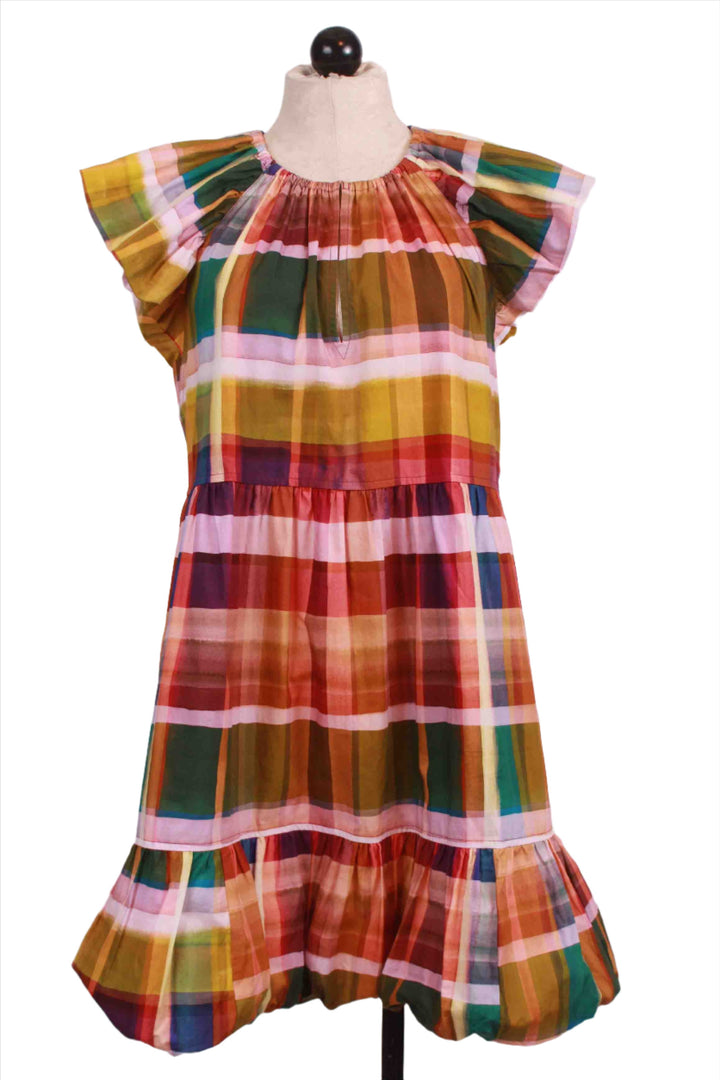 Colorful Madras Print Clover Dress by Marie Oliver with a bottom bubble ruffle