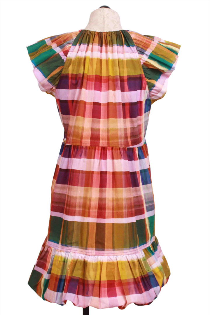 back view of Colorful Madras Print Clover Dress by Marie Oliver with a bottom bubble ruffle