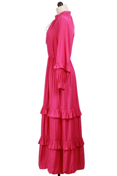 side view of Raspberry Maxi Length Ruffle Cove Dress by Marie Oliver