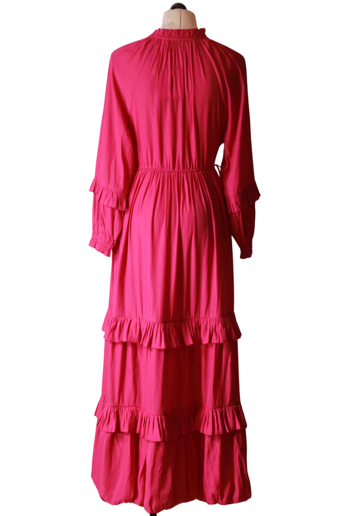 back view of Raspberry Maxi Length Ruffle Cove Dress by Marie Oliver