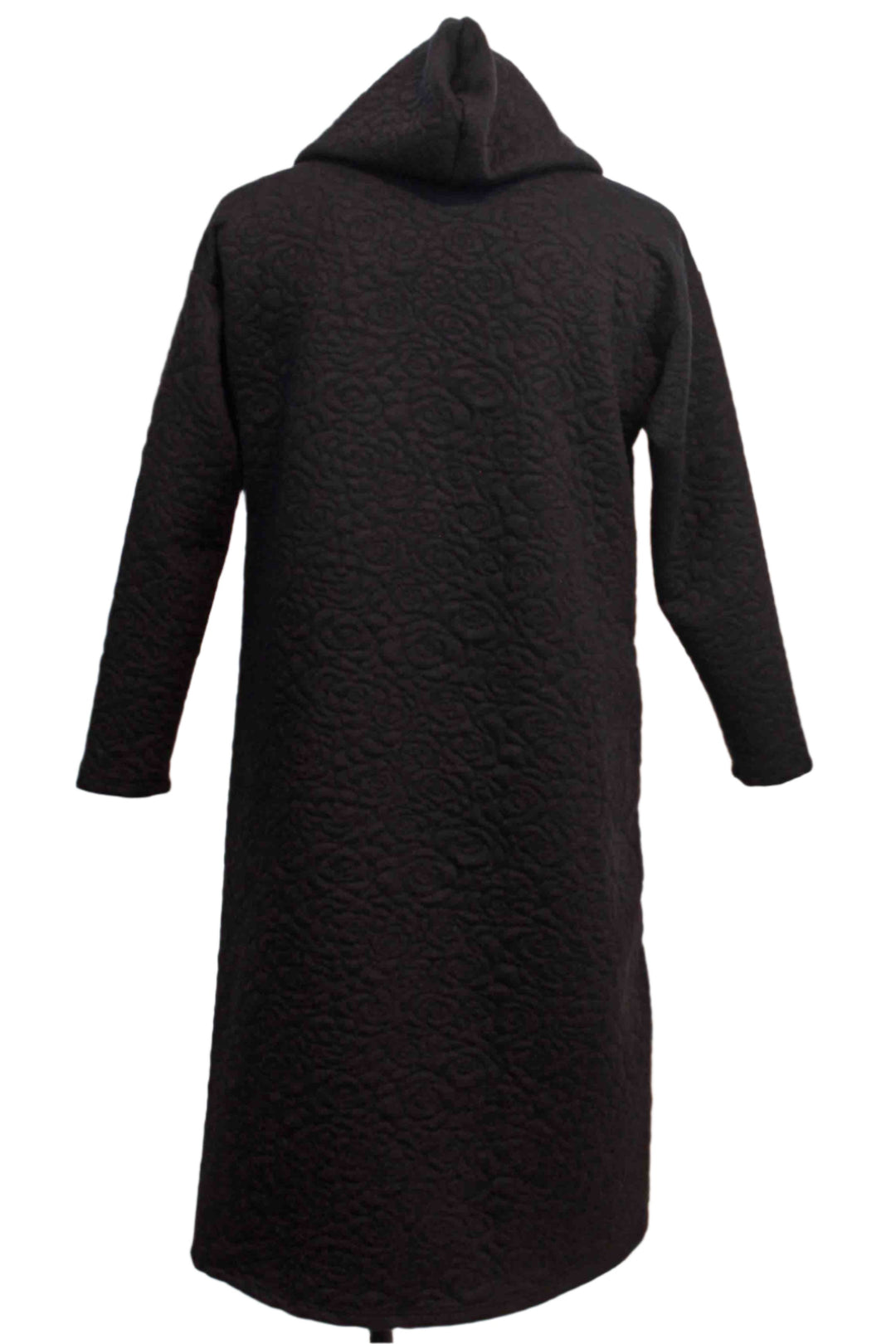 back view of Hooded Quilted Black Dress by Inoah with Pockets