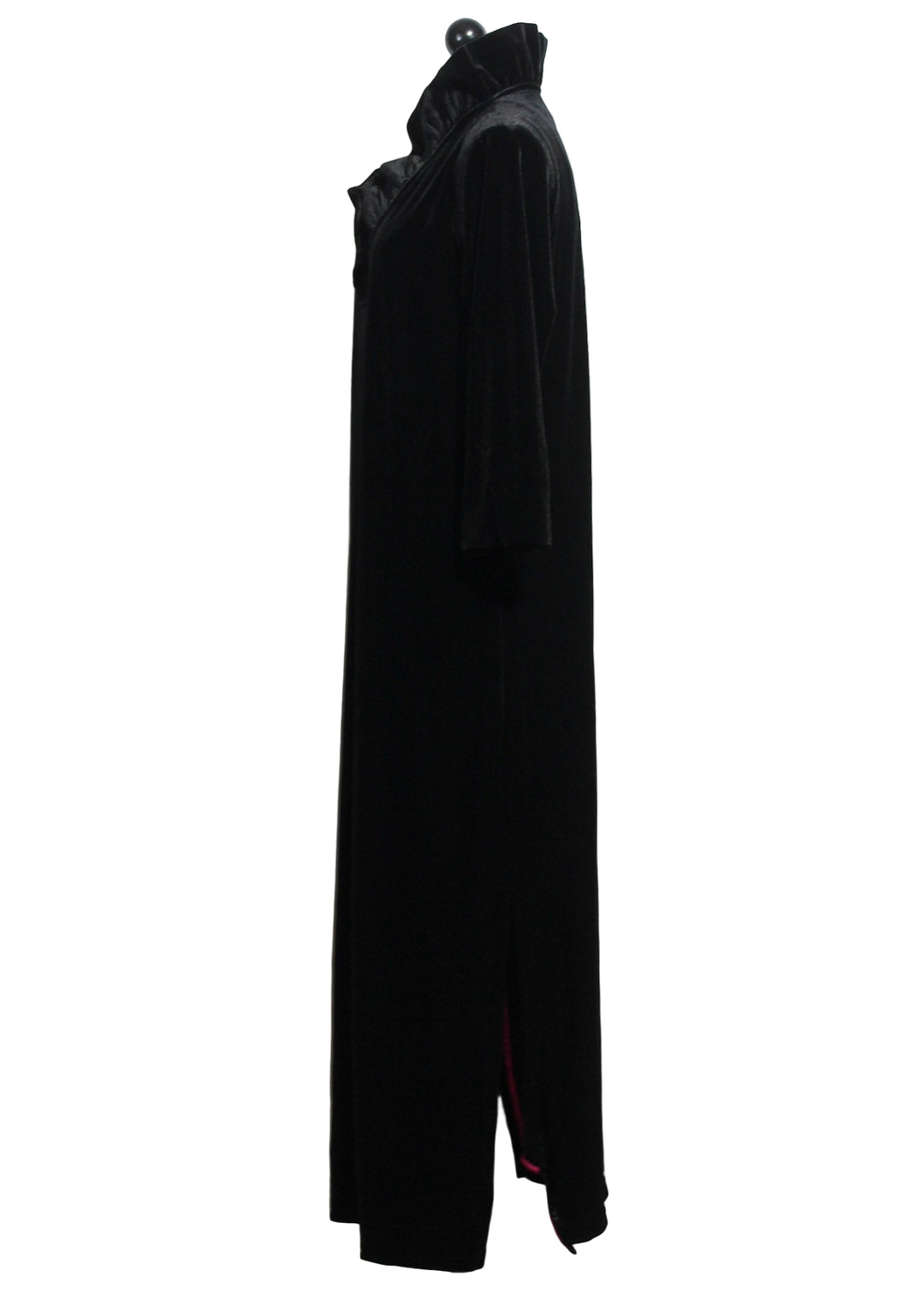 side view of Black Gretchen Scott Silky Velvet Ruffneck Midi Maxi Dress