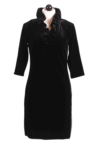 Black Silky Velvet Ruffle Neck Dress by Gretchen Scott