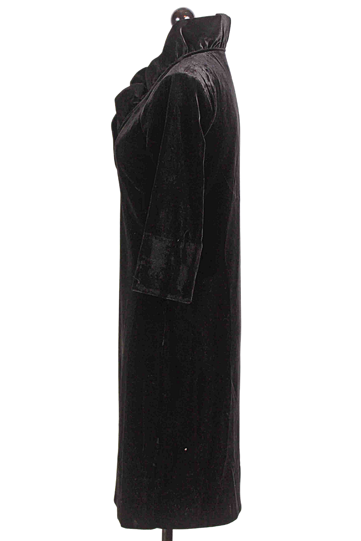 side view of Black Silky Velvet Ruffle Neck Dress by Gretchen Scott