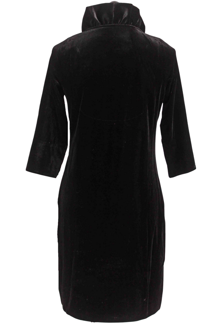 back view of Black Silky Velvet Ruffle Neck Dress by Gretchen Scott