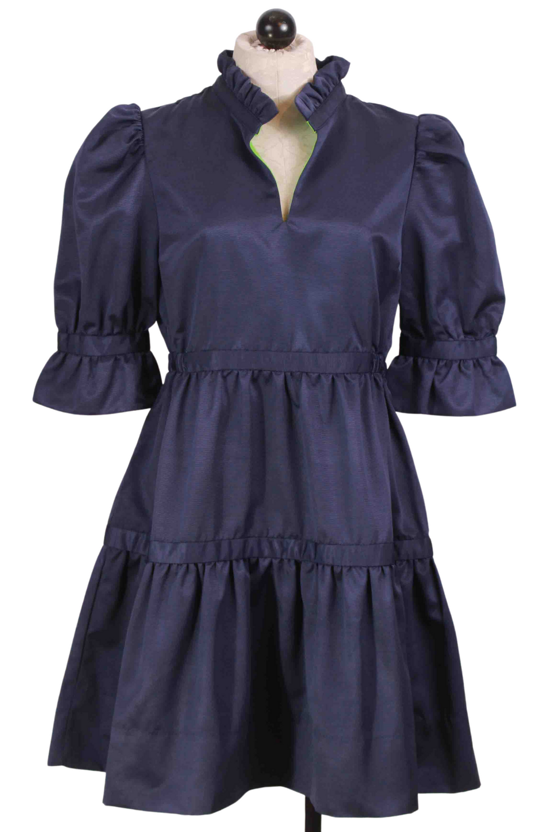 Ribbed Navy Teardrop Mandarin Ruffle Neck Dress by Gretchen Scott