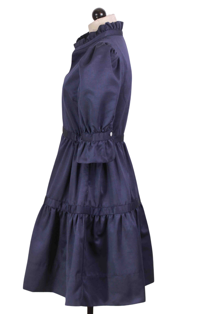 side view of Ribbed Navy Teardrop Mandarin Ruffle Neck Dress by Gretchen Scott