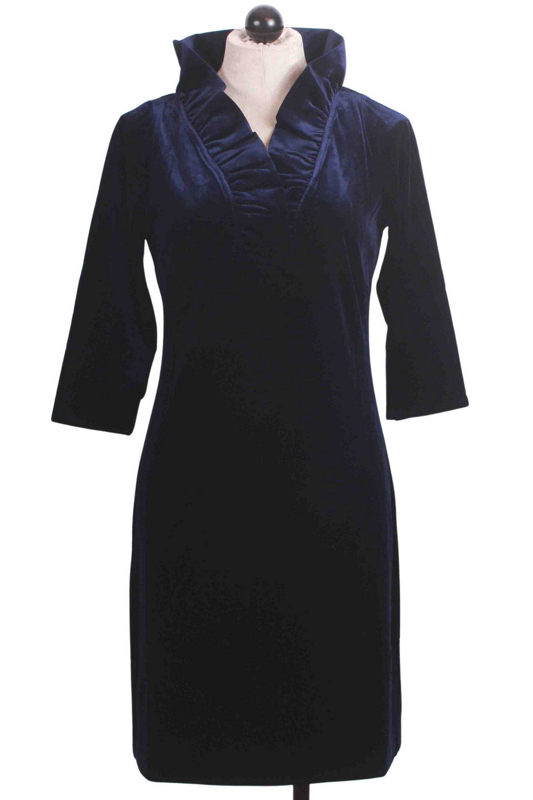 Navy Silky Velvet Ruffle Neck Dress by Gretchen Scott