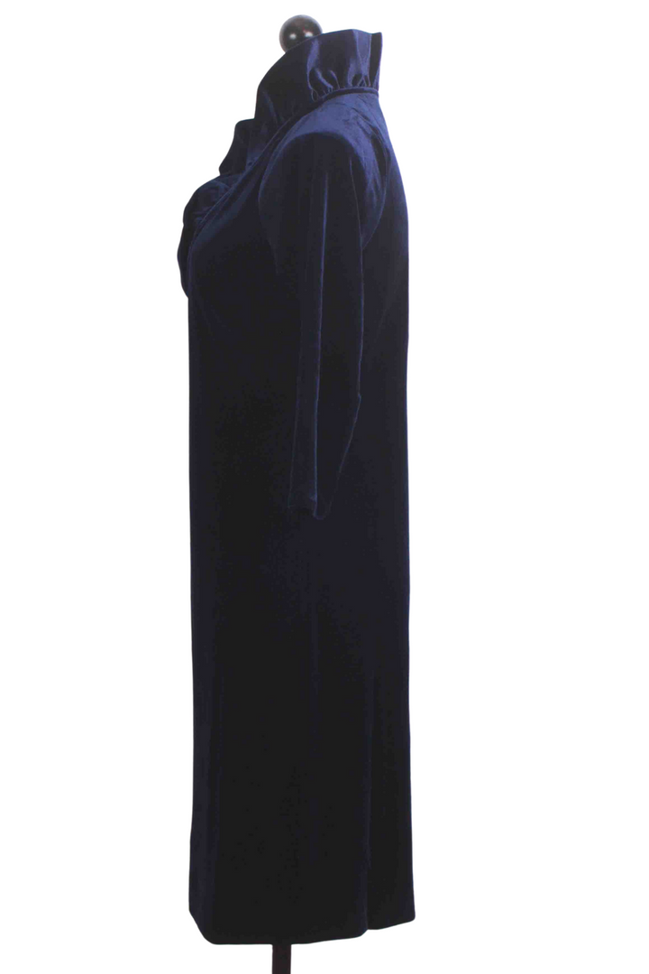 Side view of Navy Silky Velvet Ruffle Neck Dress by Gretchen Scott