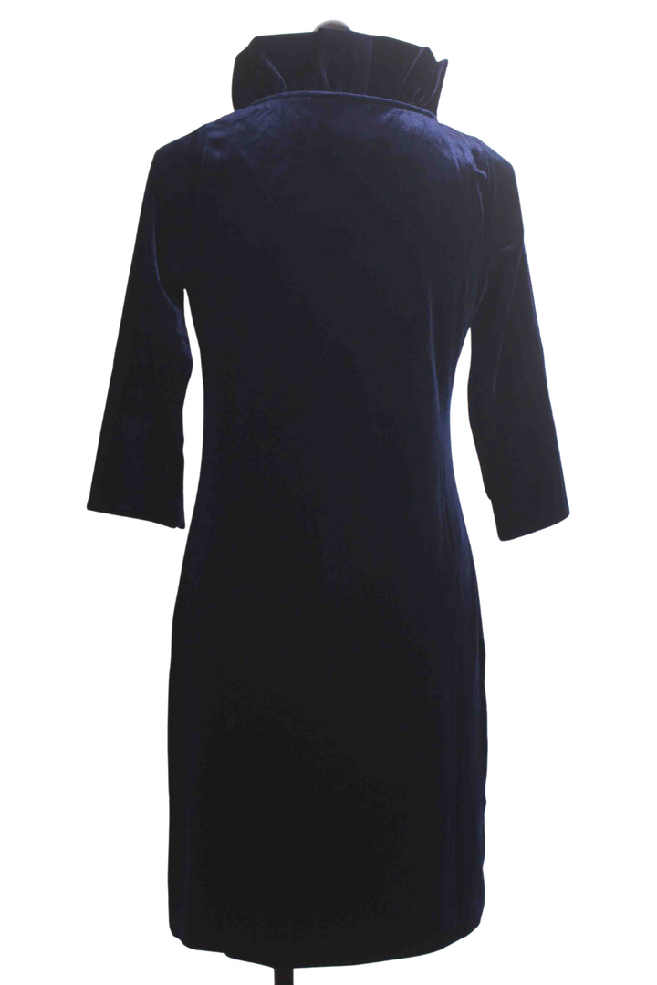 Back view of Navy Silky Velvet Ruffle Neck Dress by Gretchen Scott