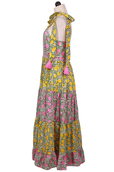 side view of Patchwork Lemonade Midi Length Daphne Dress by Mille with a zipper back