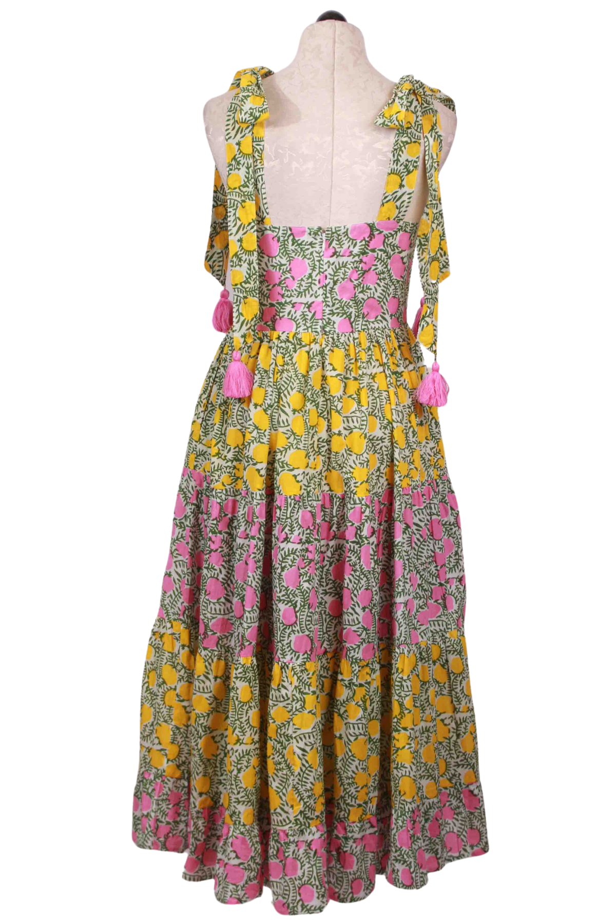 back view of Patchwork Lemonade Midi Length Daphne Dress by Mille with a zipper back