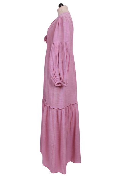 Side view of Rose/Lilac Tie Neck Gauze Maxi Dress by Pearl & Caviar