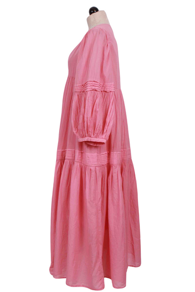 Side view of Pink Cotton Tiered Midi Length Daphne Dress