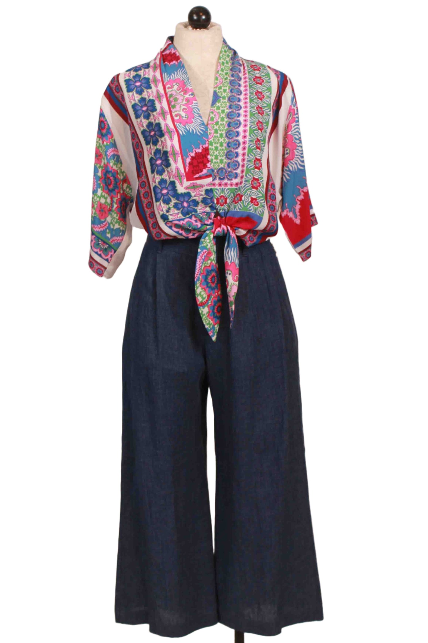 Sadie Blue Linen Trousers paired with the Daria Tie Front Blouse from Fifteen Twenty