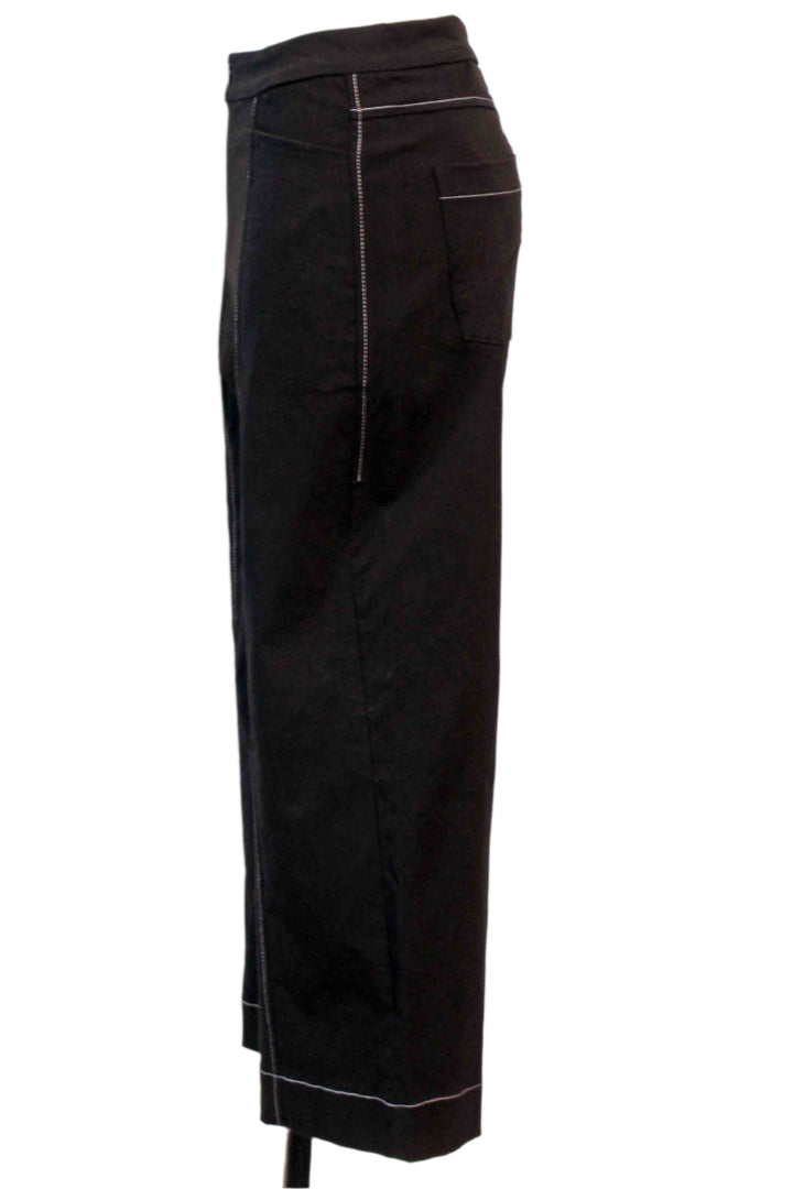 side view of Black Davis Cropped Wide Straight Leg Pant by Porto with White Contrast Stitching