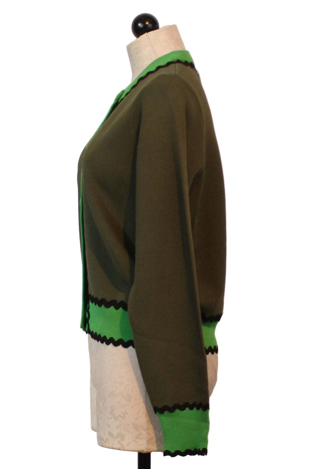 side view of Wild Green Diana Cardigan by Emily Lovelock