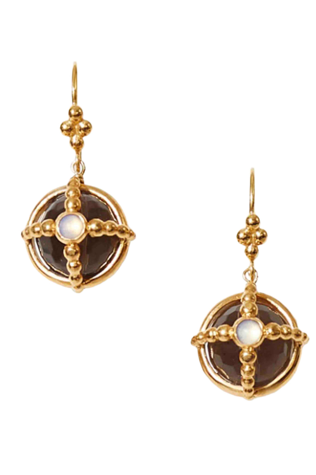 Smokey quartz caged in 18K gold plated sterling silver Earring by Chan Luu with moonstone accent on French hooks.&nbsp;