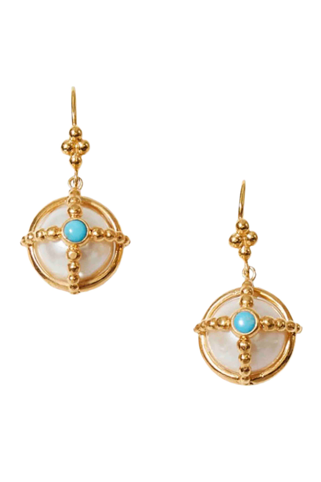 Freshwater Akoya Pearl caged Earrings in 18K gold plated sterling silver by Chan Luu with Turquoise accent on French hooks