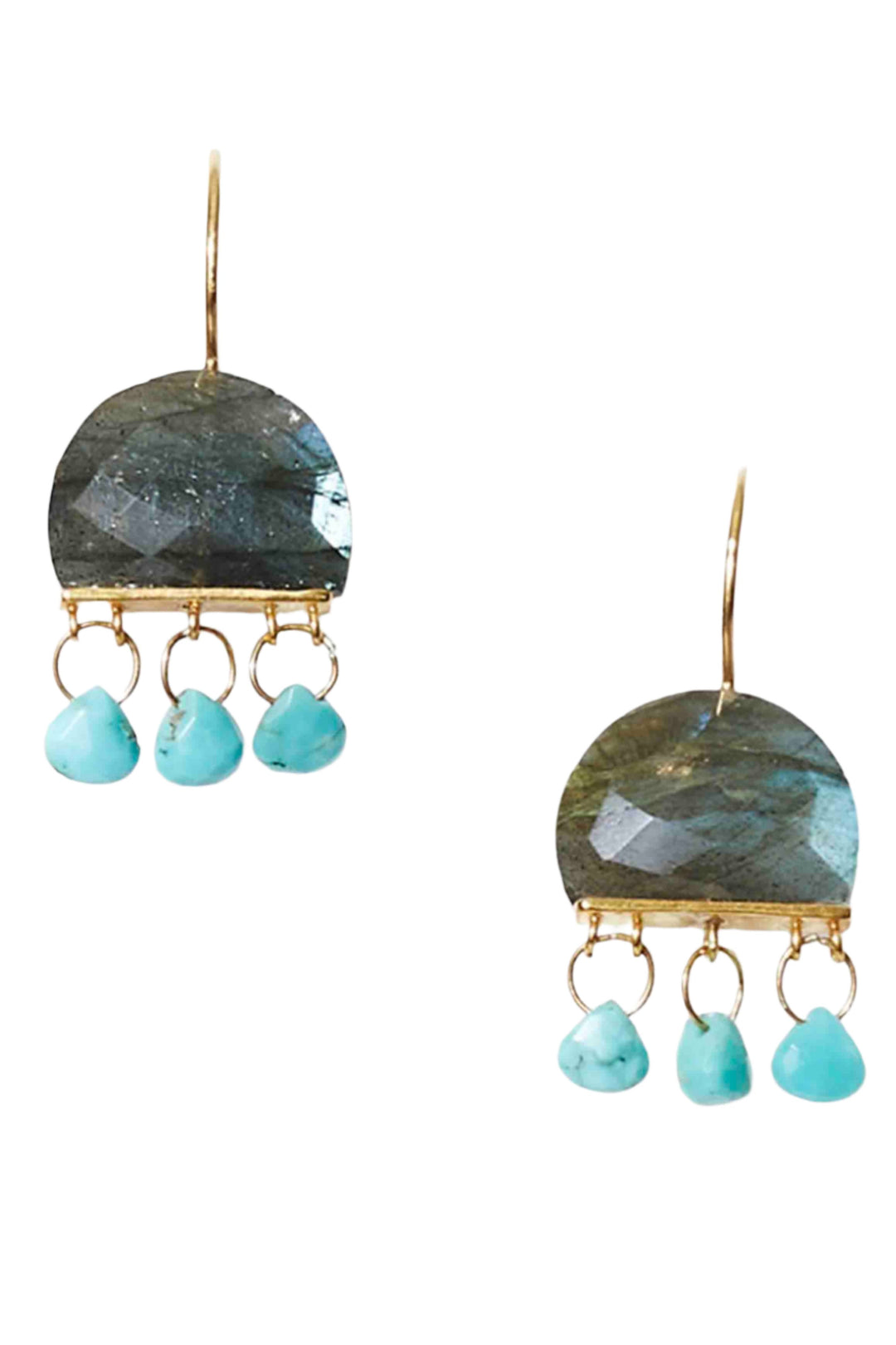 Half Moon Labradorite Earrings by Chan Luu with three Turquoise dangling Drops with 18k gold plated sterling silver French hook earrings