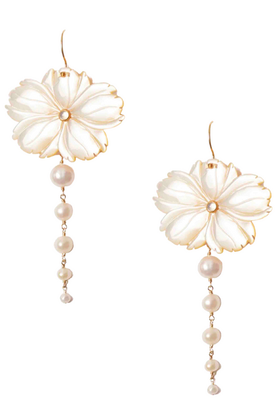 Mother of Pearl Magnolia Flower Earrings by Chan Luu with 5 graduating-sized white freshwater pearls