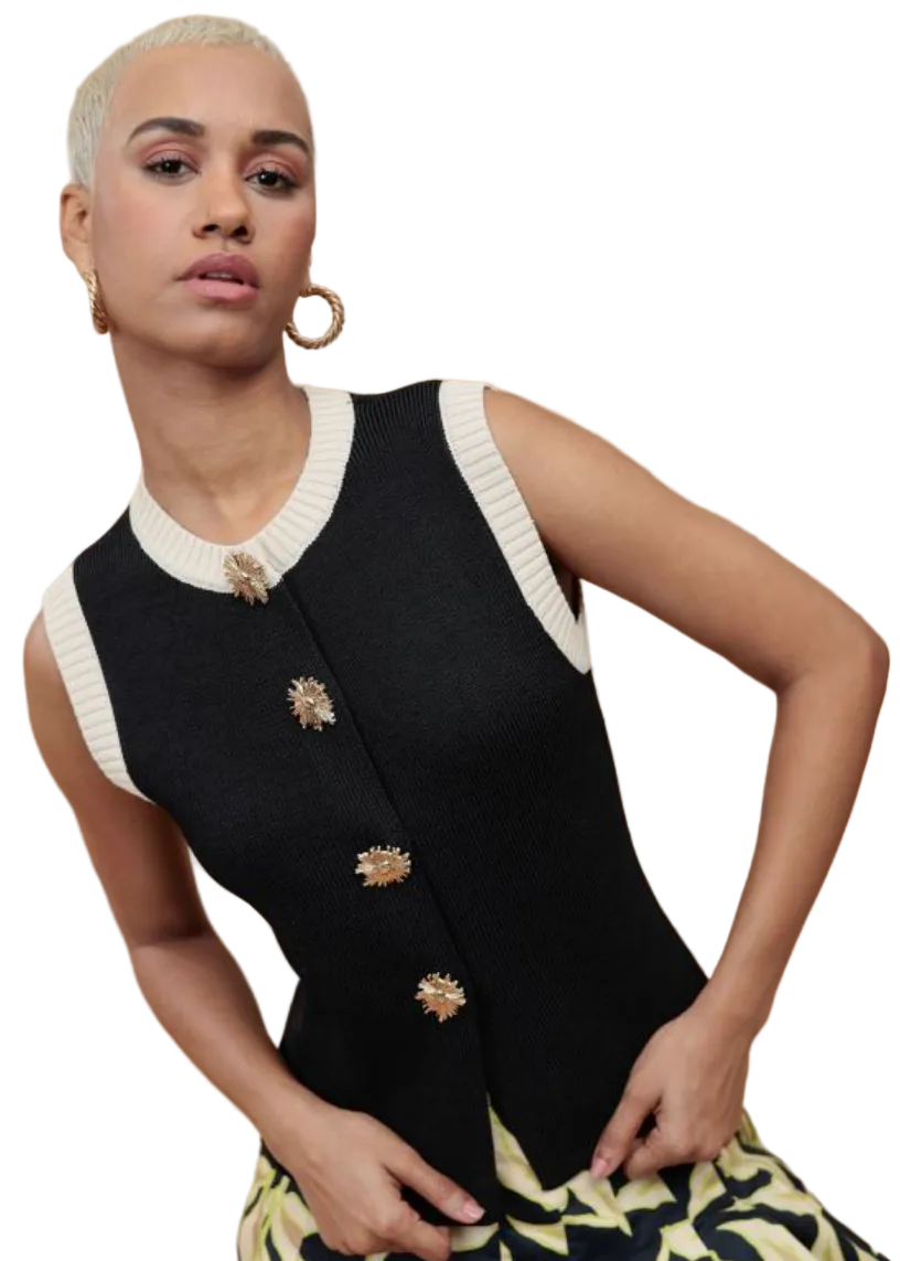 model wearing the Black Teri Vest by Emily Lovelock
