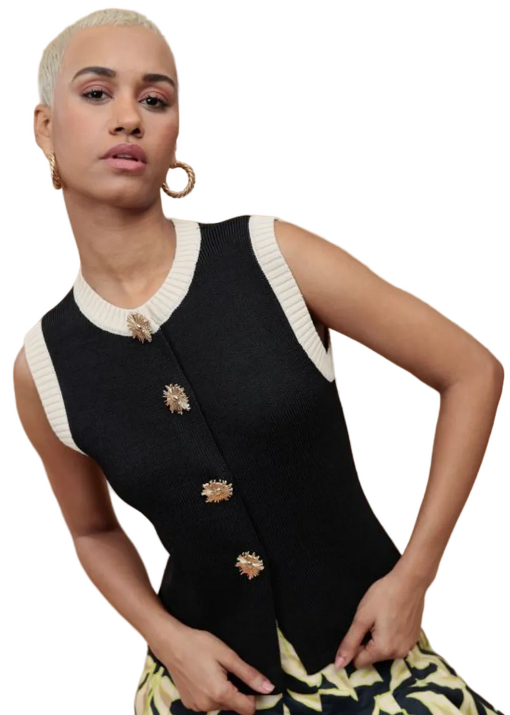 model wearing the Black Teri Vest by Emily Lovelock