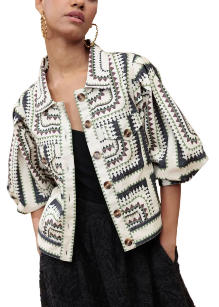 model wearing the The Waxpaper Print Judy Jacket by Emily Lovelock 
