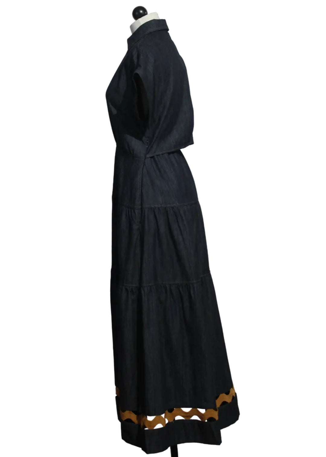 side view of the blue Giana Dress by Emily Lovelock