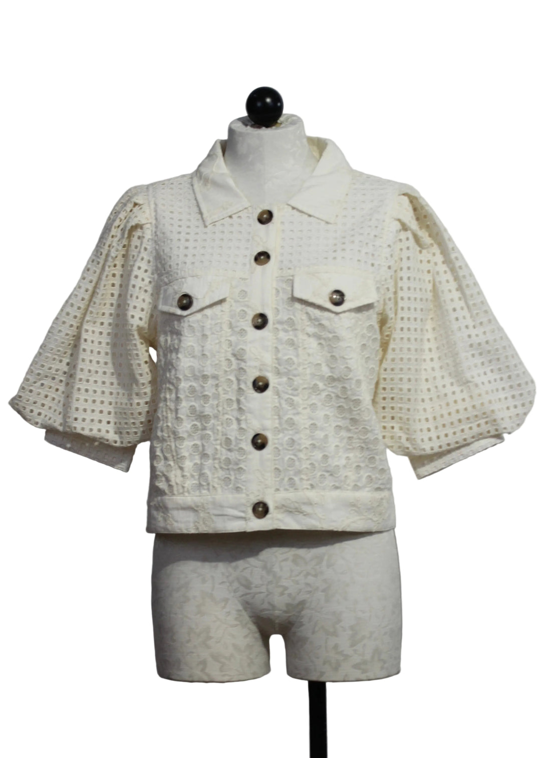 The Eyelet Judy Jacket in Ivory by Emily Lovelock 