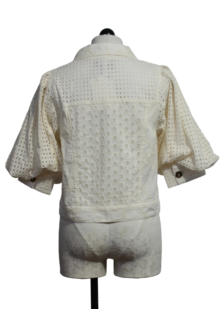 back view of The Eyelet Judy Jacket in Ivory by Emily Lovelock 