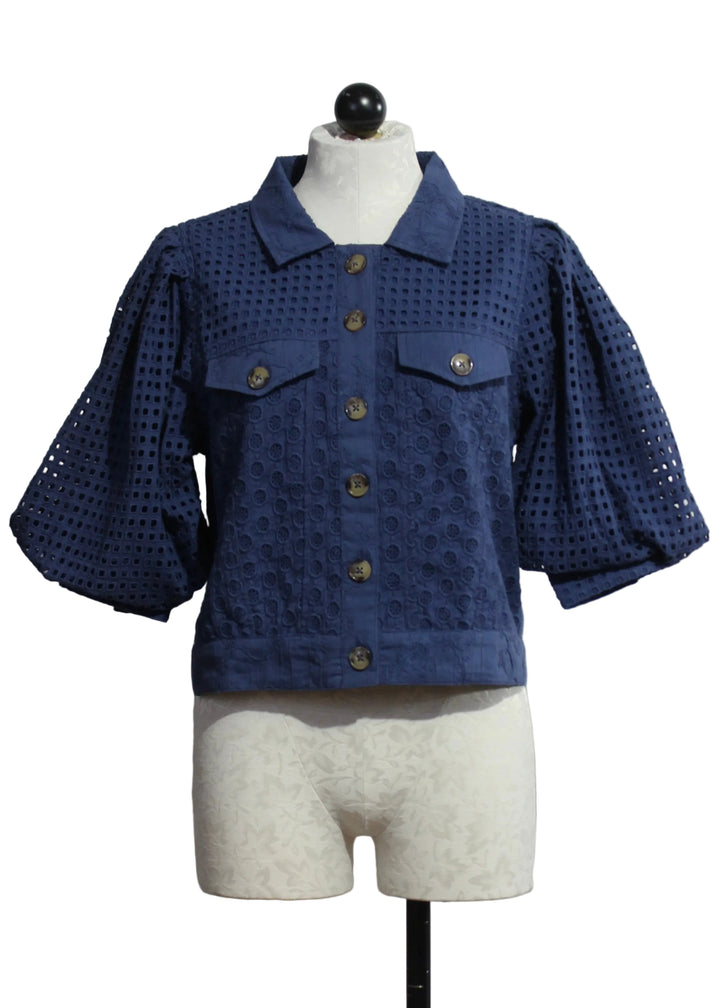 Eyelet Judy Jacket in Deep Cobalt blue by Emily Lovelock 