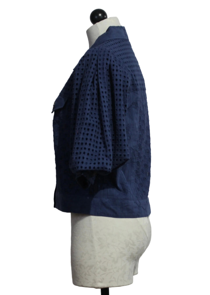 side view of Eyelet Judy Jacket in Deep Cobalt blue by Emily Lovelock 