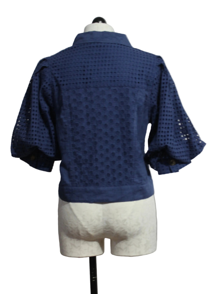 back view of  Eyelet Judy Jacket in Deep Cobalt blue by Emily Lovelock 
