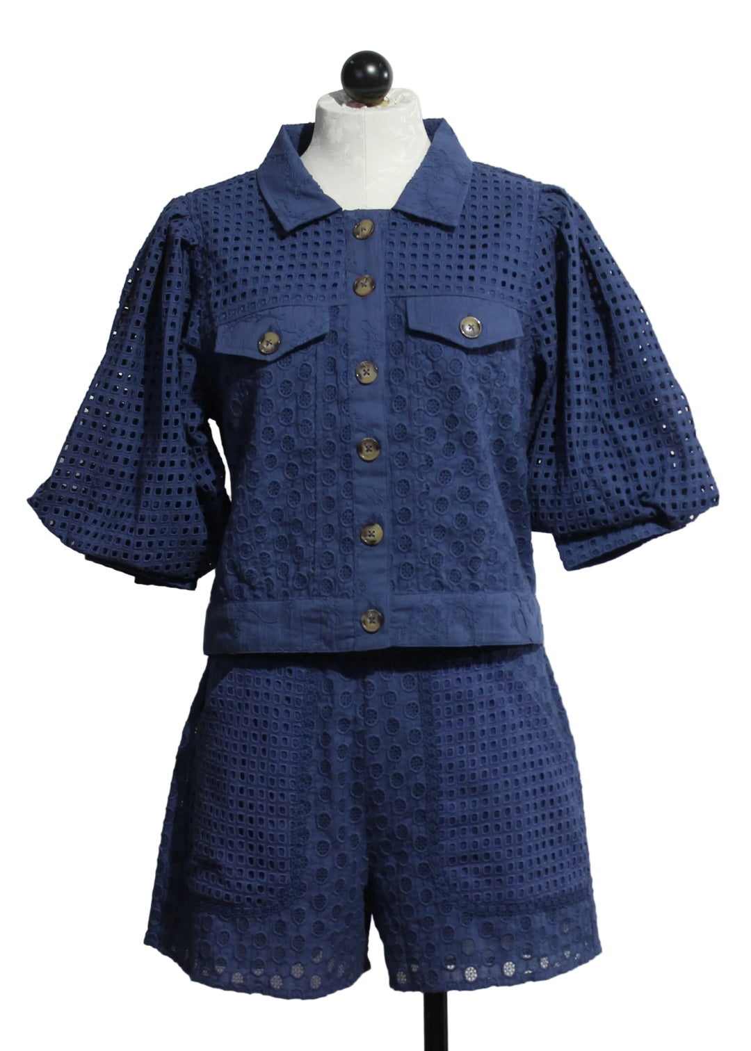 Eyelet Judy Jacket in Deep Cobalt blue by Emily Lovelock paired with the matching Deep Cobalt Nova Shorts by Emily Lovelock