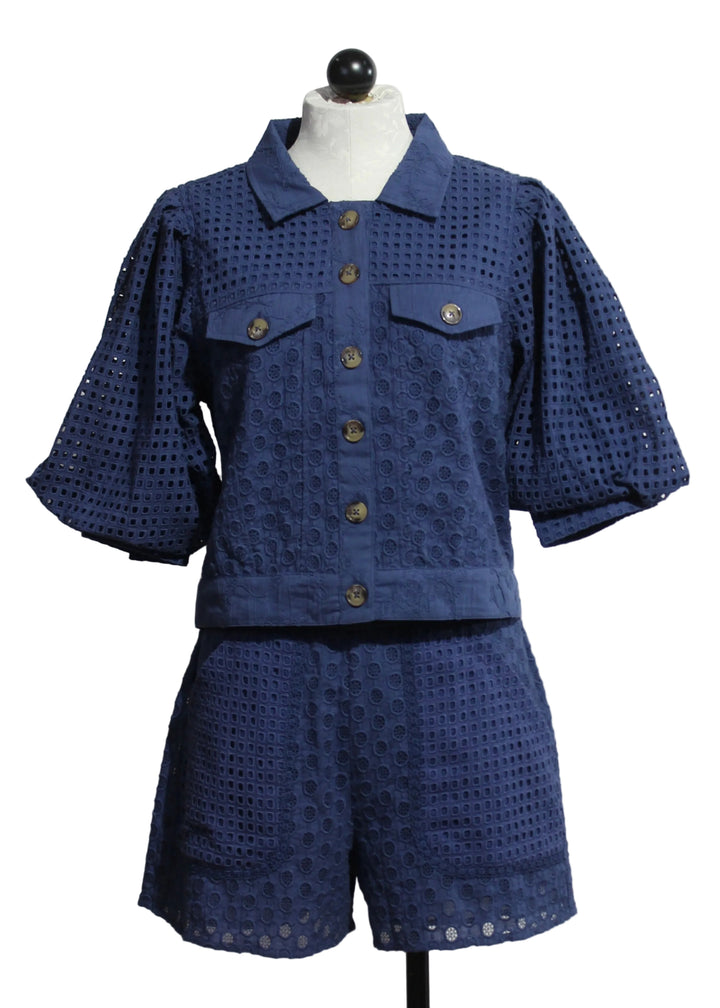 Eyelet Judy Jacket in Deep Cobalt blue by Emily Lovelock paired with the matching Deep Cobalt Nova Shorts by Emily Lovelock