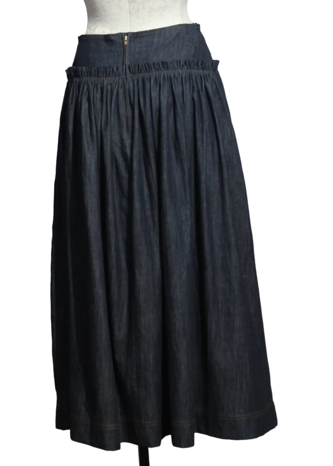 back view of the Blue Denim Mabel Skirt by Emily Lovelock