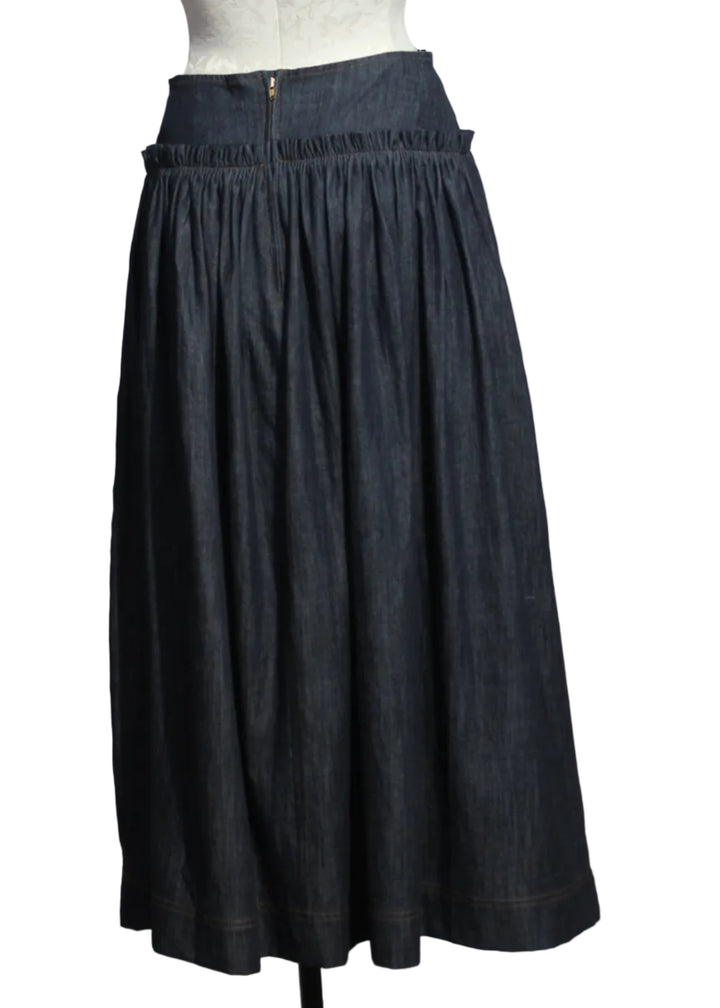 back view of the Blue Denim Mabel Skirt by Emily Lovelock