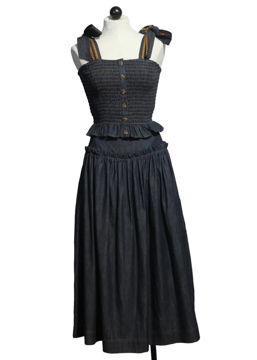 Blue Denim Mabel Skirt by Emily Lovelock Paired with the Blue Denim Ivy Blouse by Emily Lovelock