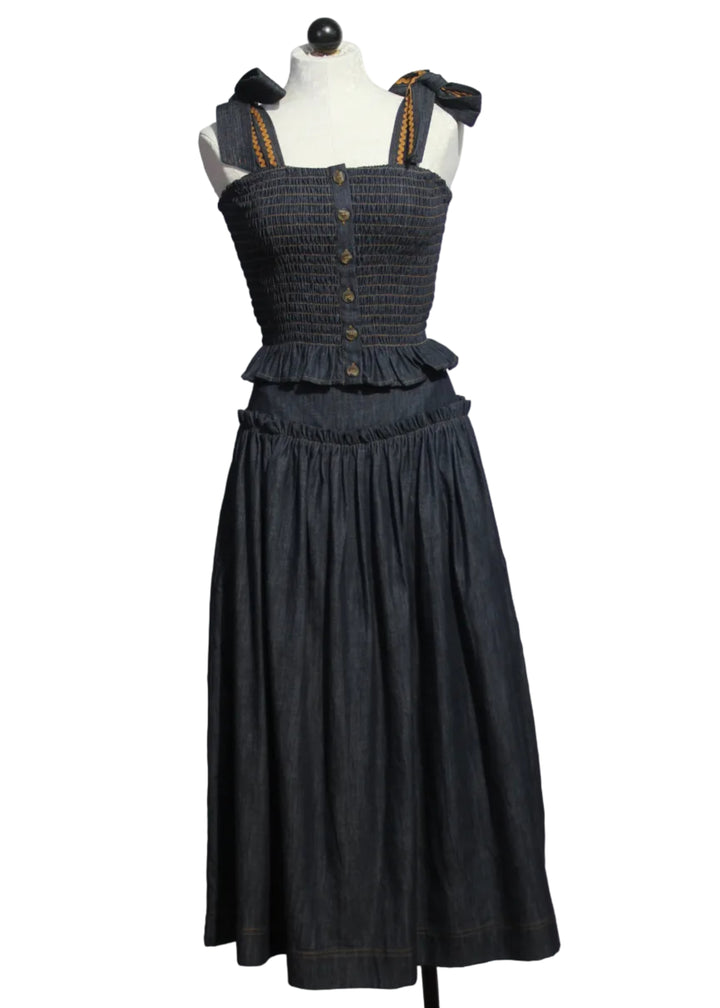 Blue Denim Mabel Skirt by Emily Lovelock Paired with the Blue Denim Ivy Blouse by Emily Lovelock